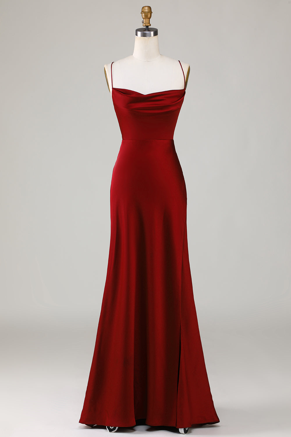Robe longue de demoiselle d'honneur bordeaux fendue à lacets au dos