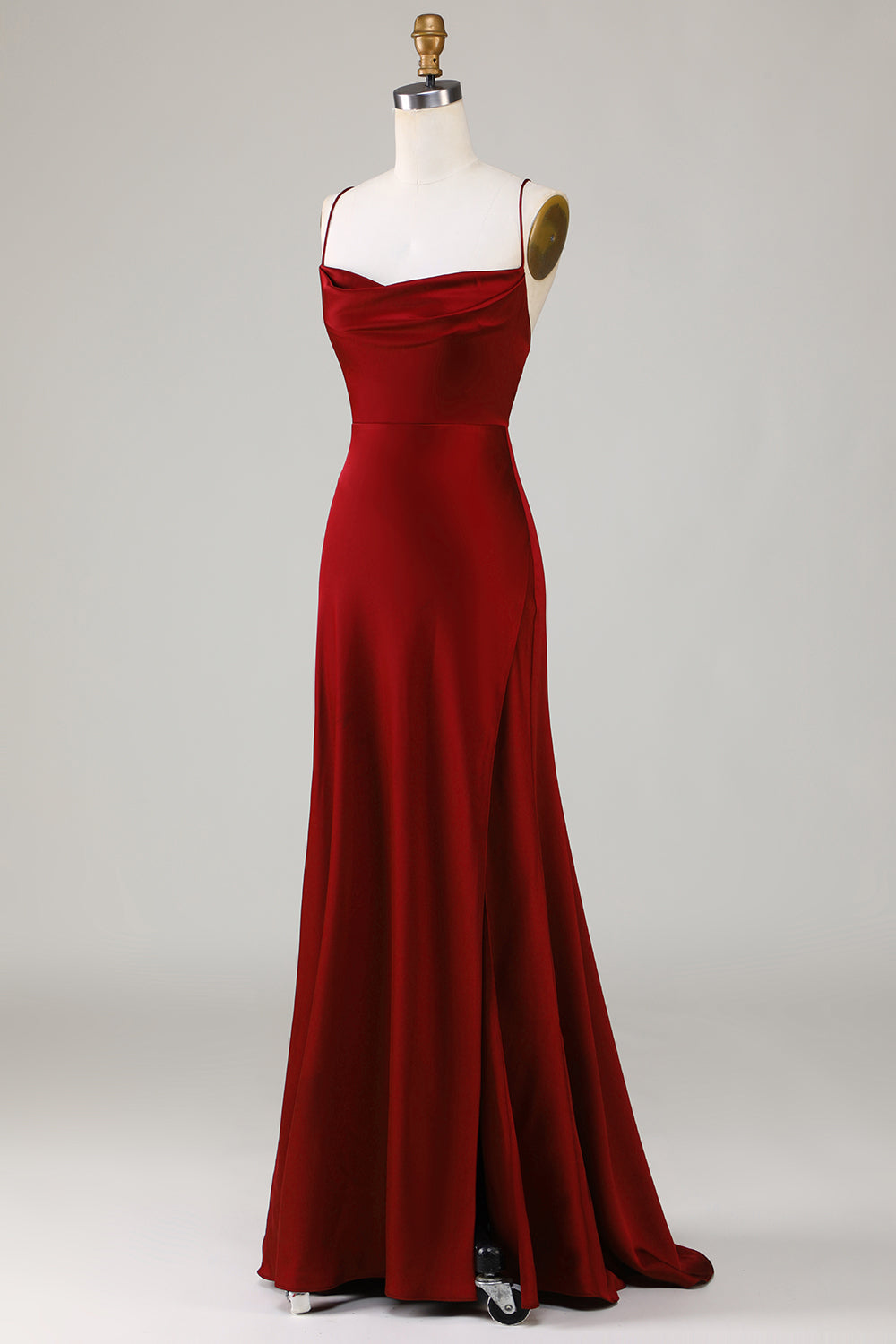 Robe longue de demoiselle d'honneur bordeaux fendue à lacets au dos