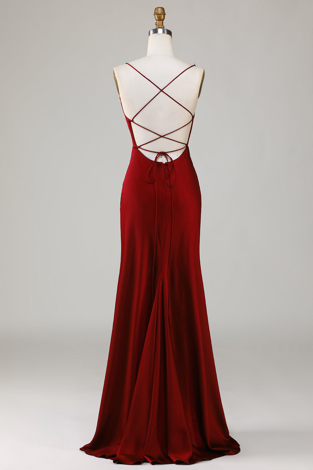 Robe longue de demoiselle d'honneur bordeaux fendue à lacets au dos