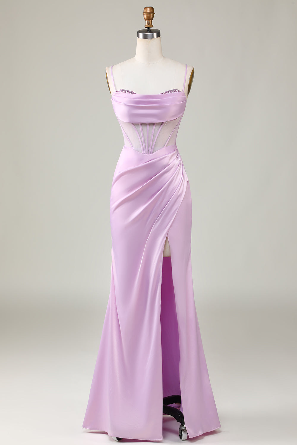Robe de demoiselle d'honneur longue sirène lilas à fines bretelles avec fente