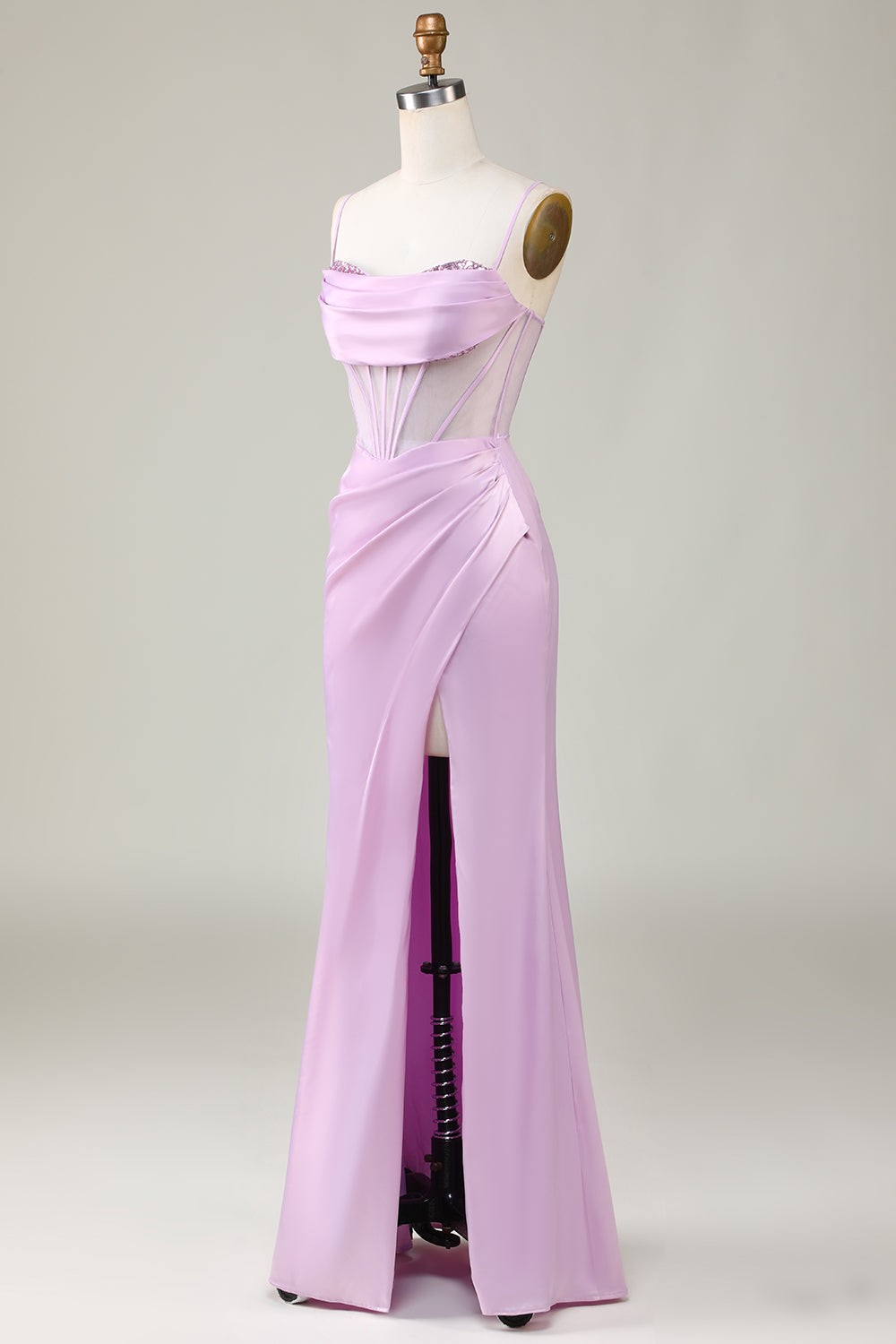 Robe de demoiselle d'honneur longue sirène lilas à fines bretelles avec fente