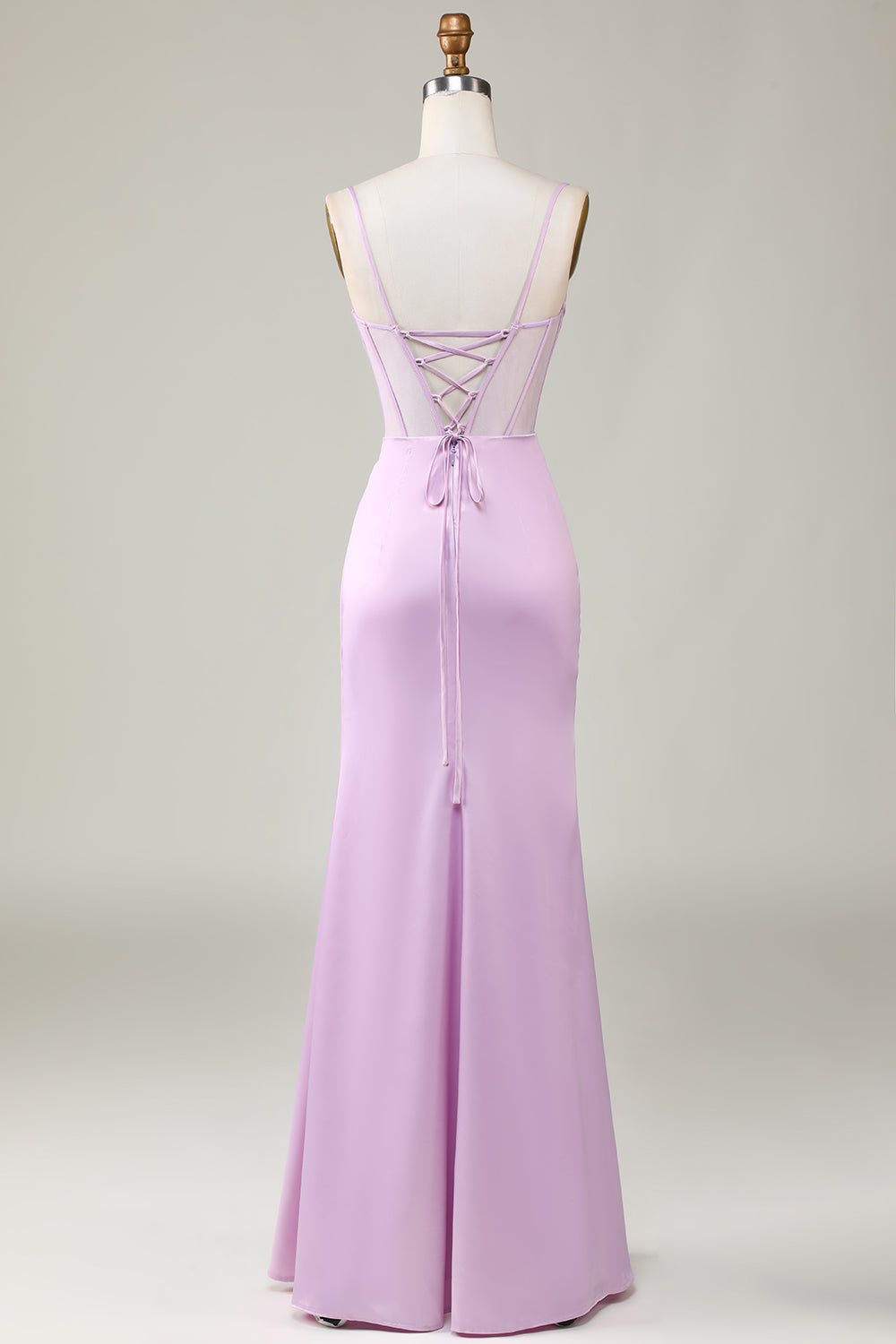 Robe de demoiselle d'honneur longue sirène lilas à fines bretelles avec fente