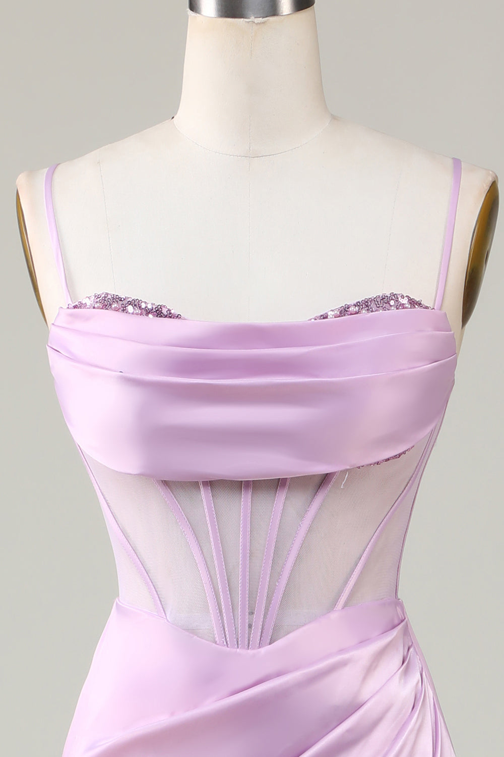 Robe de demoiselle d'honneur longue sirène lilas à fines bretelles avec fente