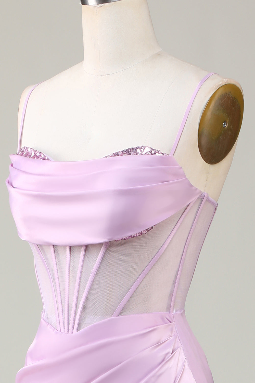Robe de demoiselle d'honneur longue sirène lilas à fines bretelles avec fente
