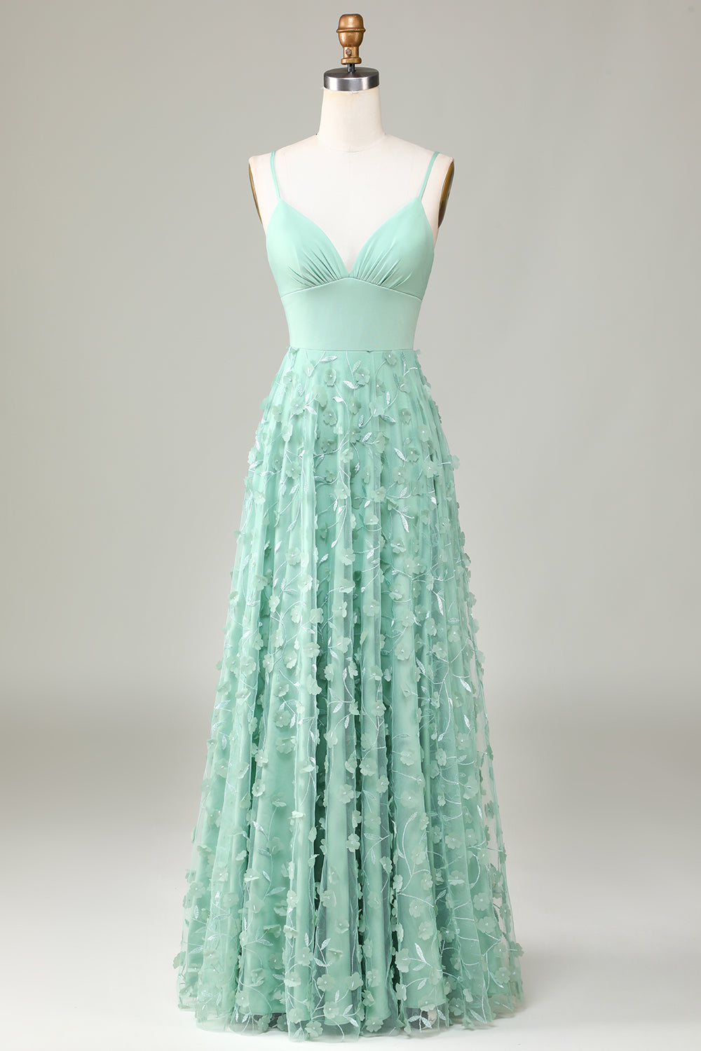 Robe de demoiselle d'honneur trapèze verte sans manches à fines bretelles