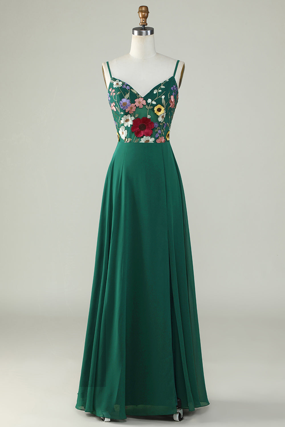 Robe longue de demoiselle d'honneur vert foncé coupe trapèze à fines bretelles avec fleurs 3D