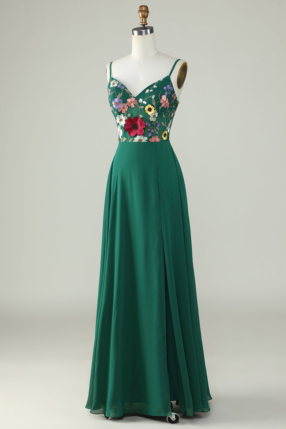 Robe longue de demoiselle d'honneur vert foncé coupe trapèze à fines bretelles avec fleurs 3D