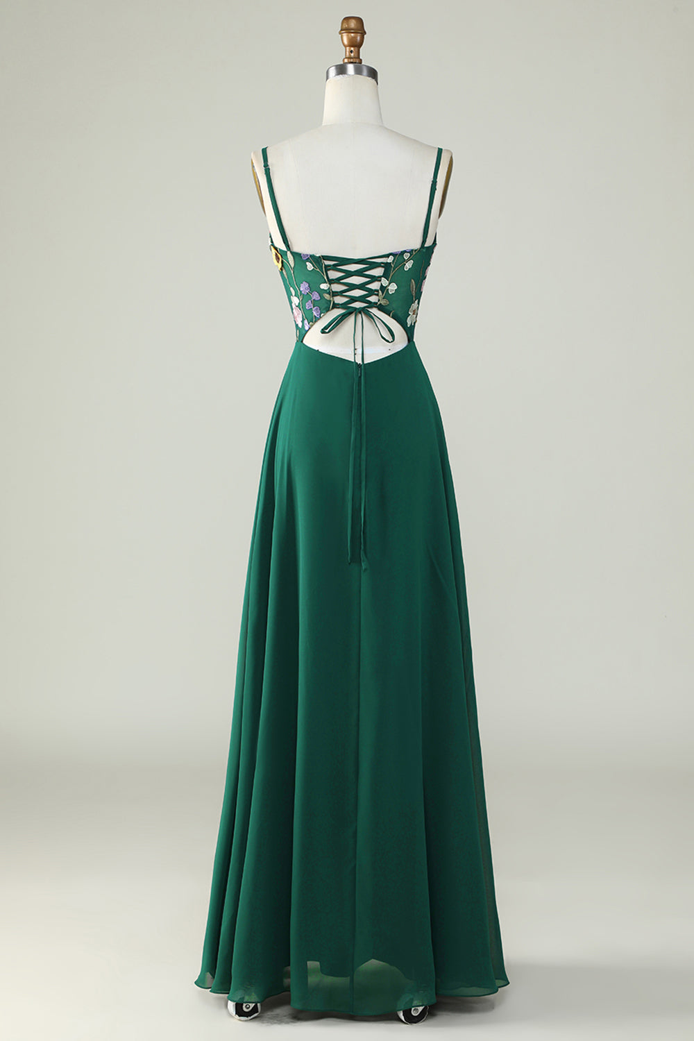 Robe longue de demoiselle d'honneur vert foncé coupe trapèze à fines bretelles avec fleurs 3D
