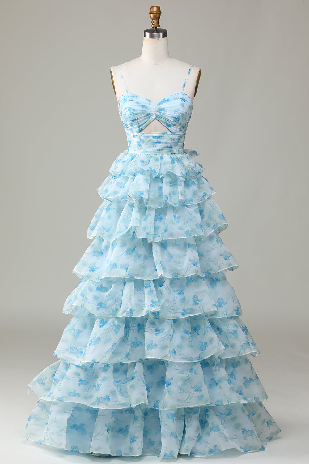 Robe de demoiselle d'honneur bleue à fines bretelles, découpes et volants