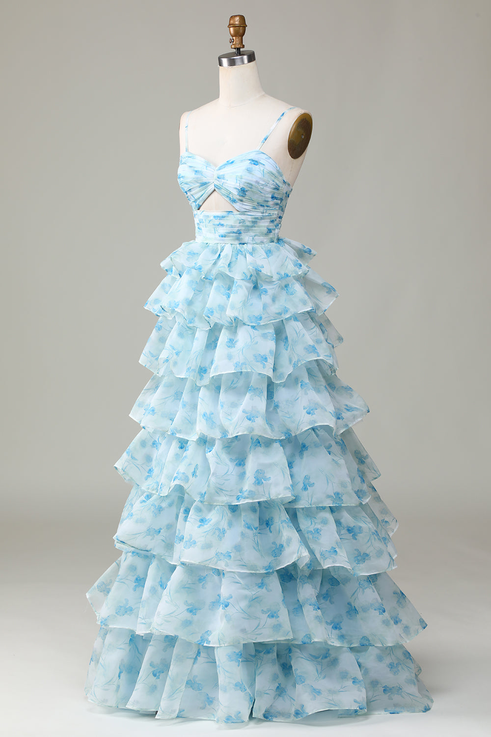 Robe de demoiselle d'honneur bleue à fines bretelles, découpes et volants