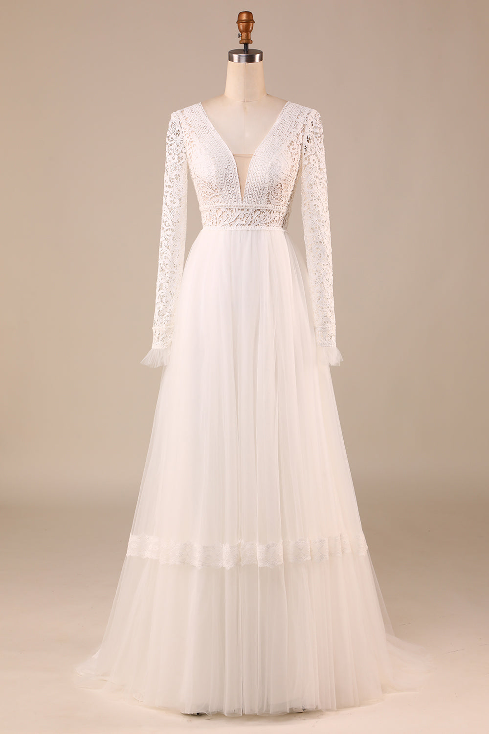 Robe de mariée évasée en tulle ivoire à manches longues avec dentelle