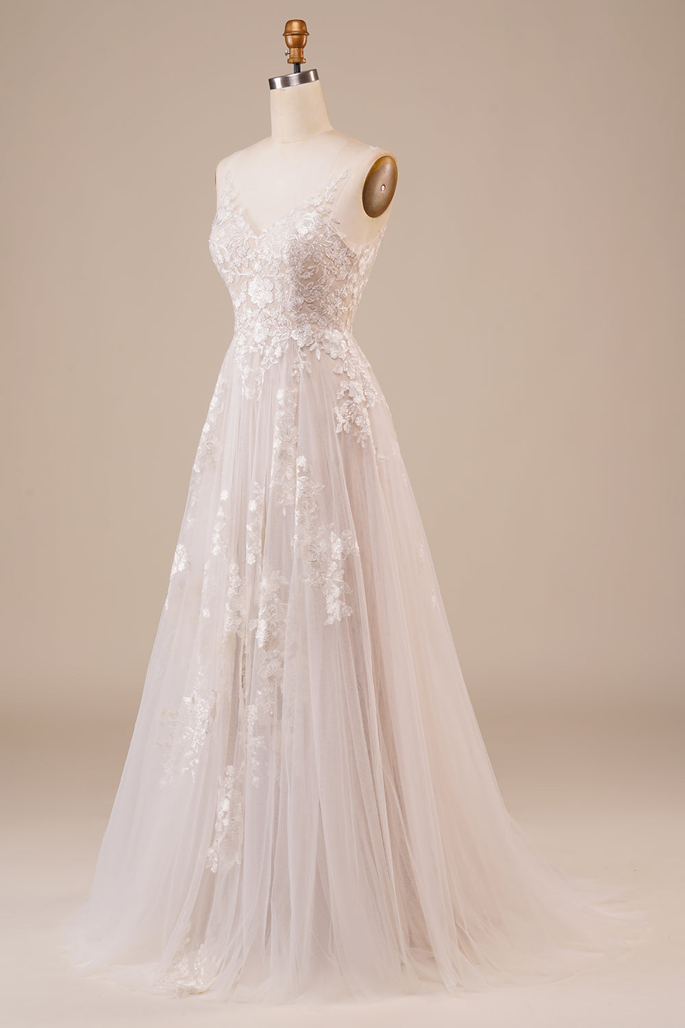 Robe de mariée longue en tulle, dos nu, ivoire, brodée