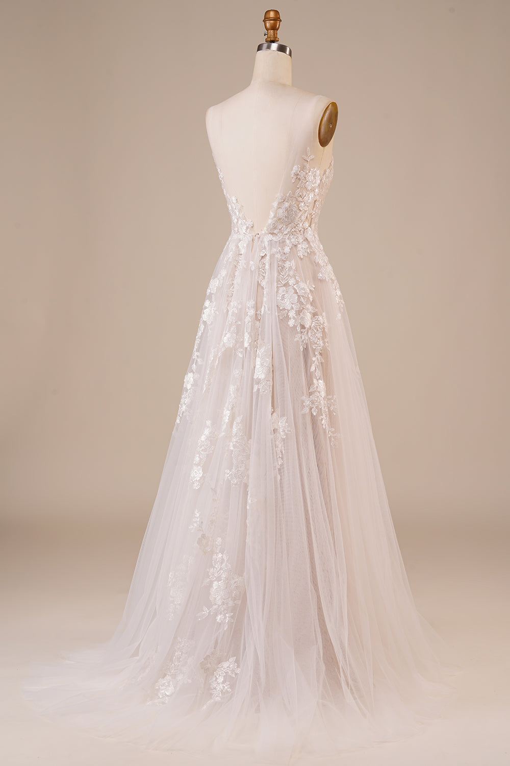 Robe de mariée longue en tulle, dos nu, ivoire, brodée