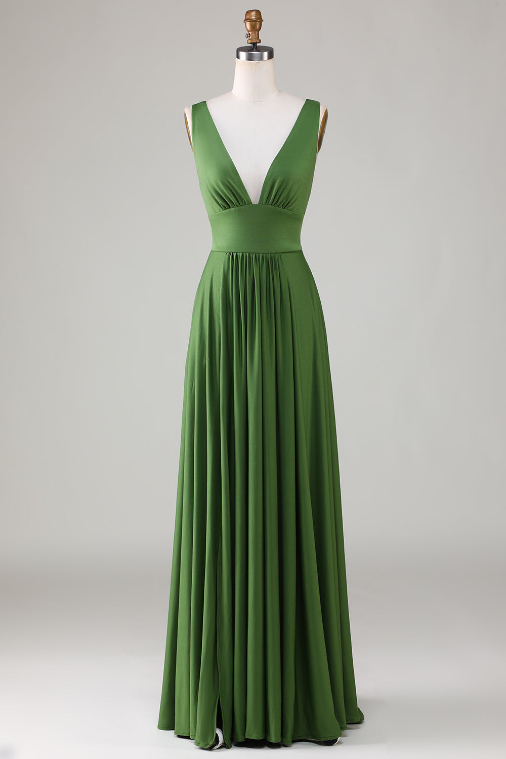 Robe longue de demoiselle d'honneur sans manches à col en V profond olive