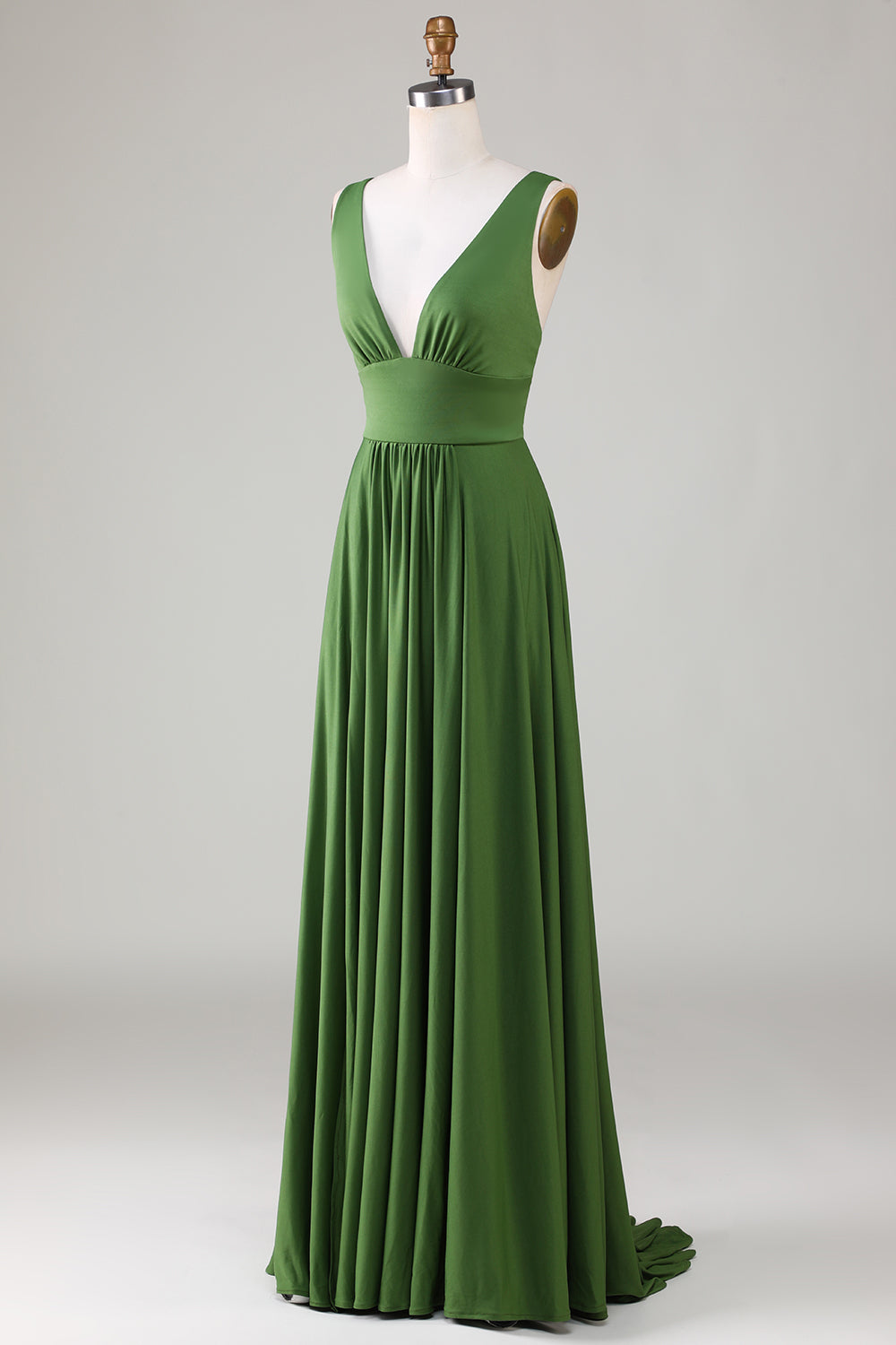 Robe longue de demoiselle d'honneur sans manches à col en V profond olive