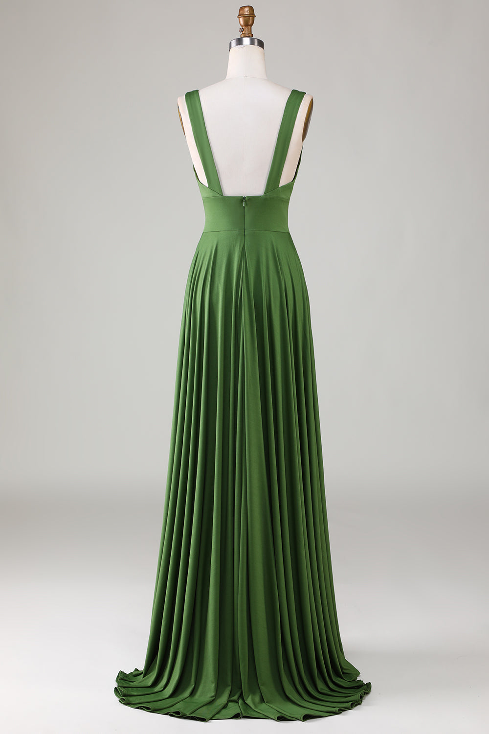 Robe longue de demoiselle d'honneur sans manches à col en V profond olive