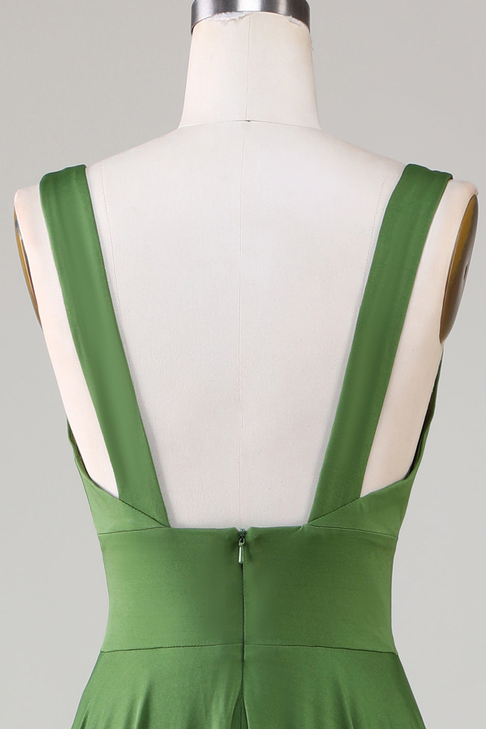 Robe longue de demoiselle d'honneur sans manches à col en V profond olive