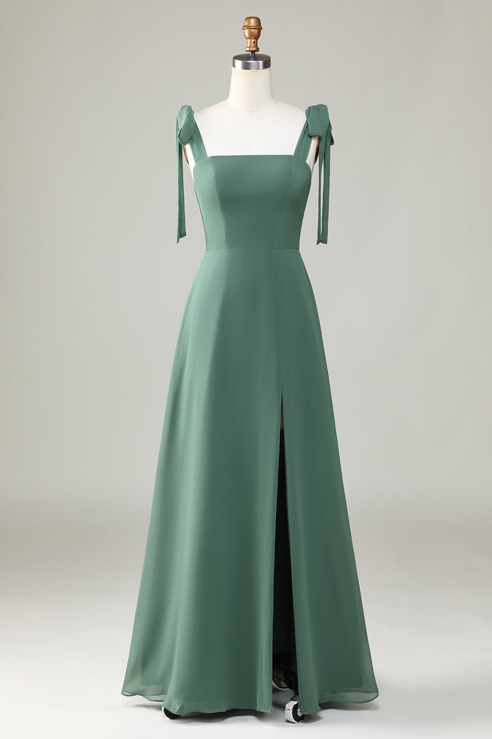 Robe de demoiselle d'honneur trapèze en eucalyptus à bretelles nouées et fente