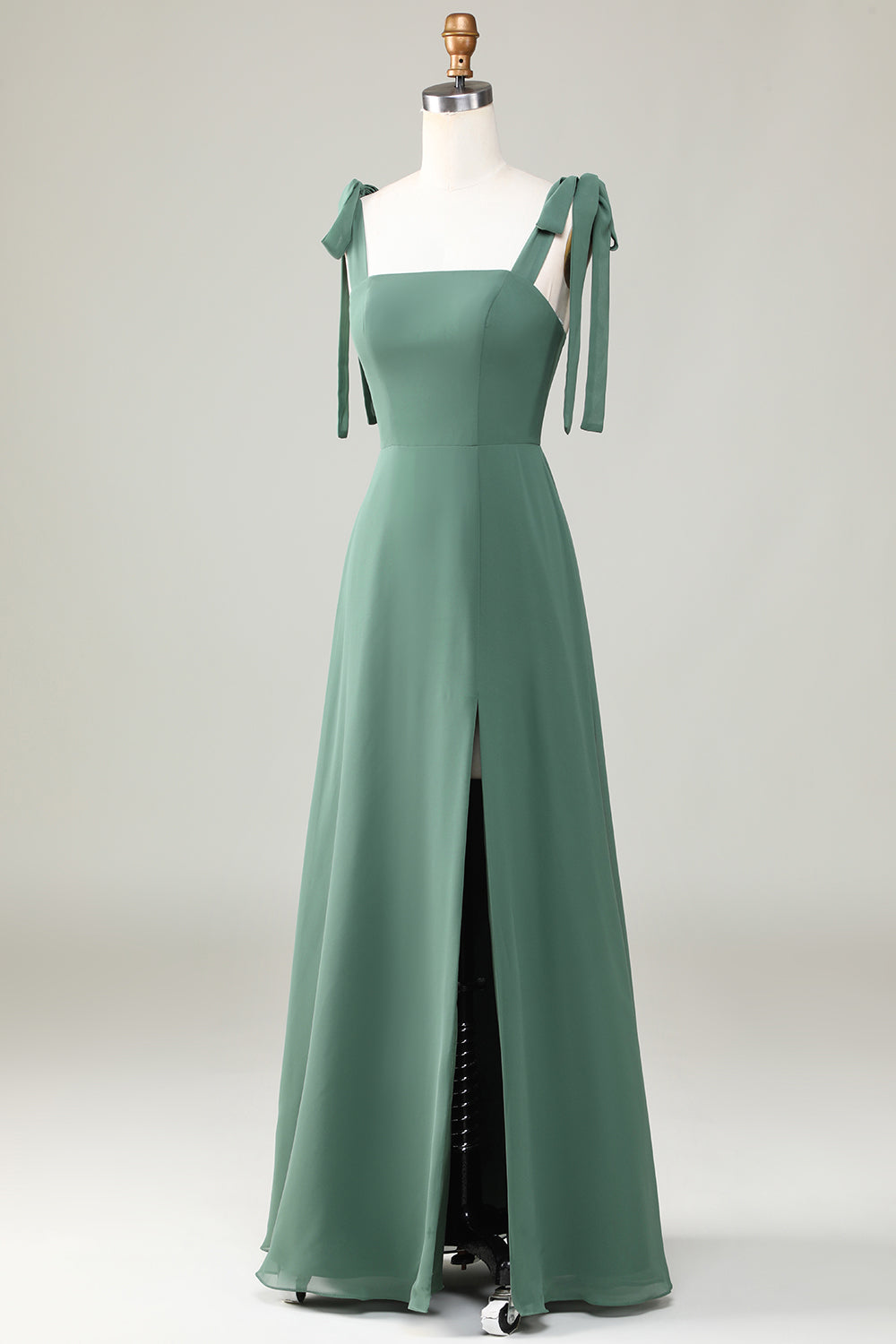 Robe de demoiselle d'honneur trapèze en eucalyptus à bretelles nouées et fente