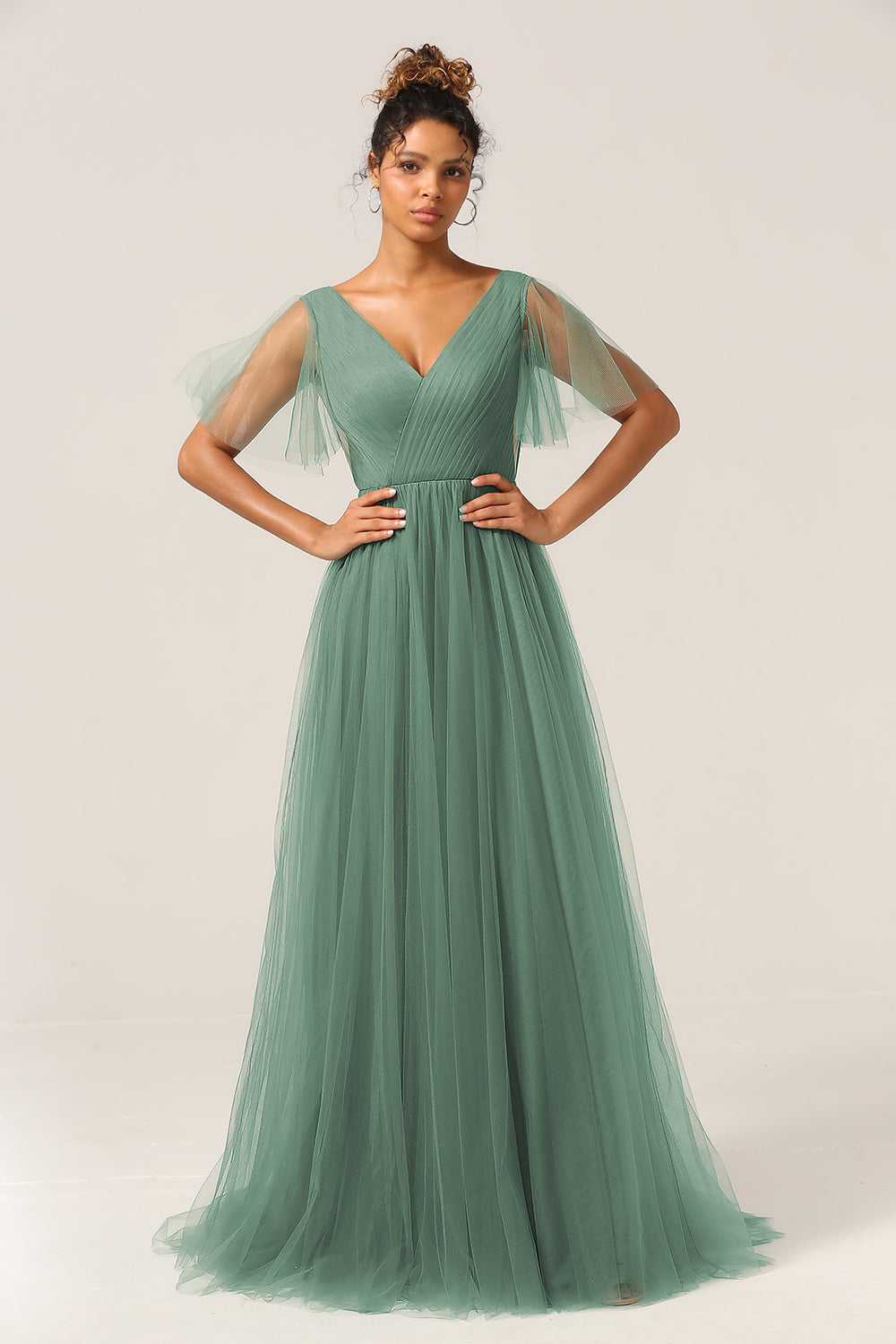 Robe de demoiselle d'honneur trapèze dos nu décolleté en V Eucalyptus