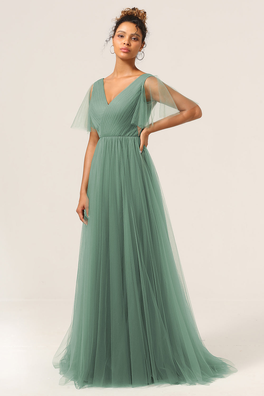 Robe de demoiselle d'honneur trapèze dos nu décolleté en V Eucalyptus