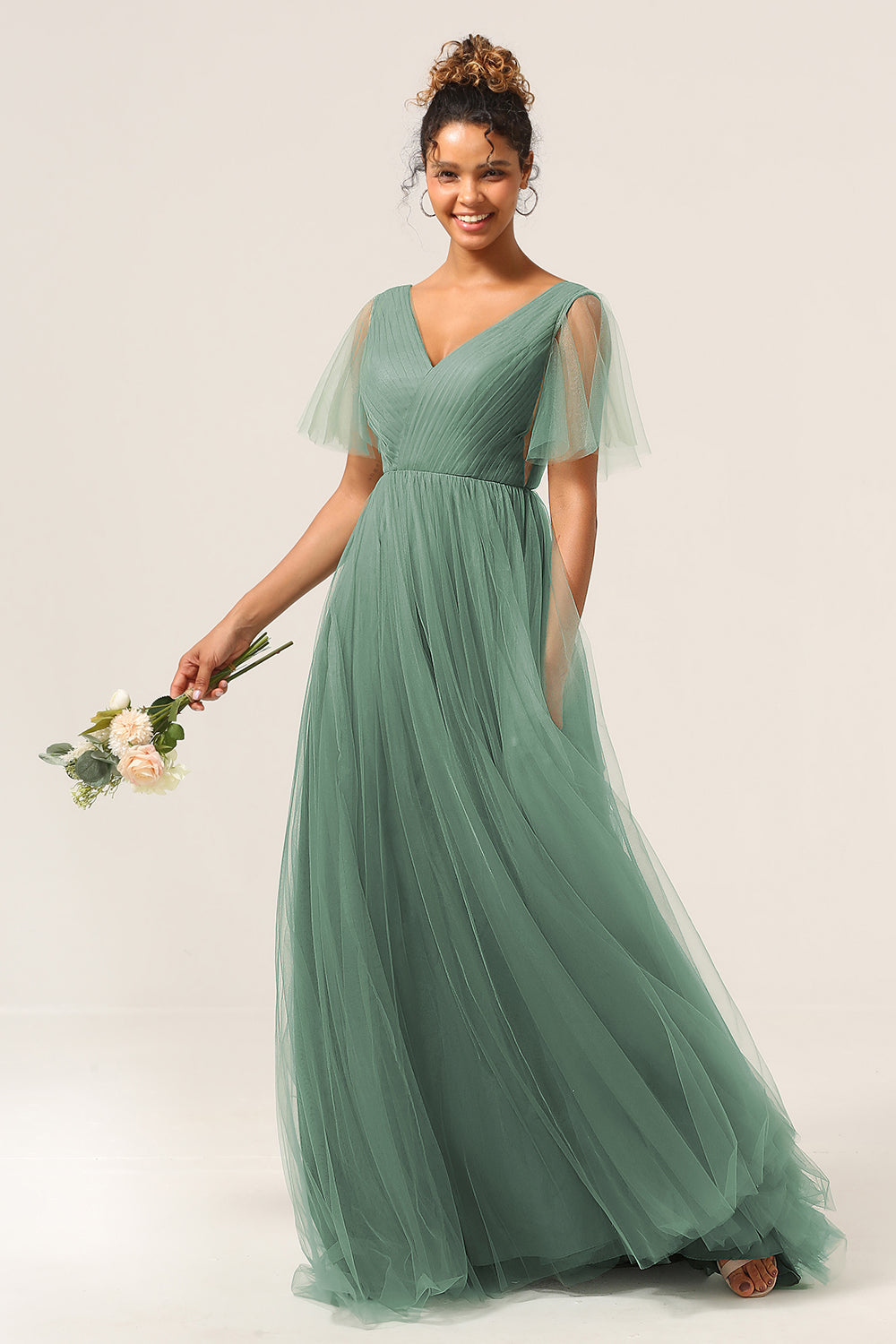 Robe de demoiselle d'honneur trapèze dos nu décolleté en V Eucalyptus