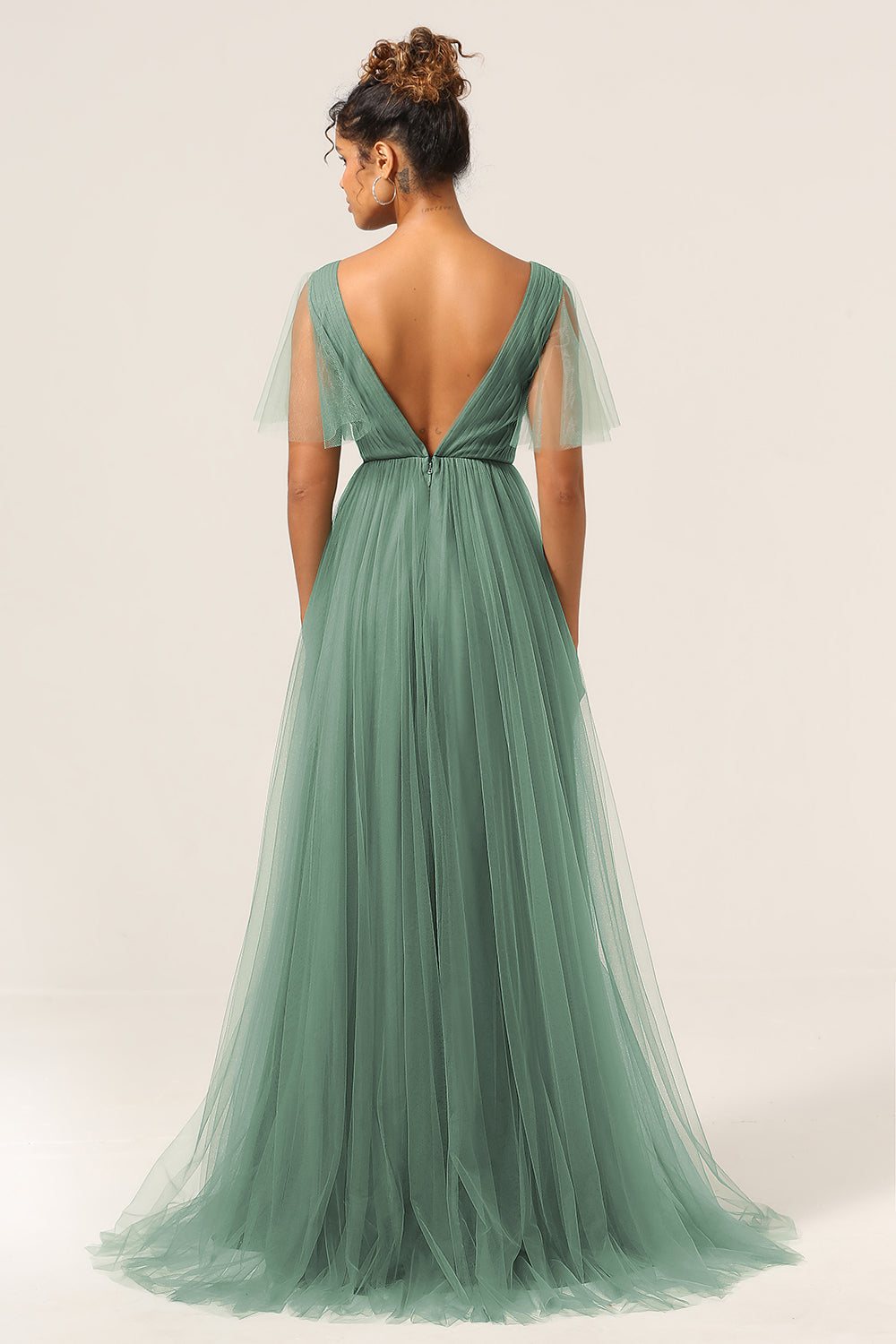 Robe de demoiselle d'honneur trapèze dos nu décolleté en V Eucalyptus