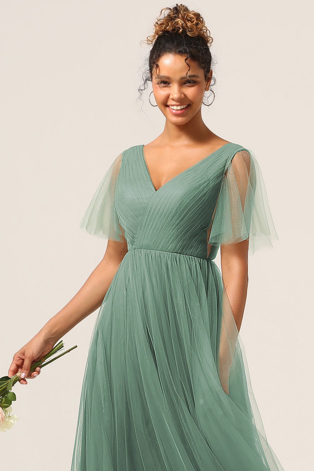 Robe de demoiselle d'honneur trapèze dos nu décolleté en V Eucalyptus