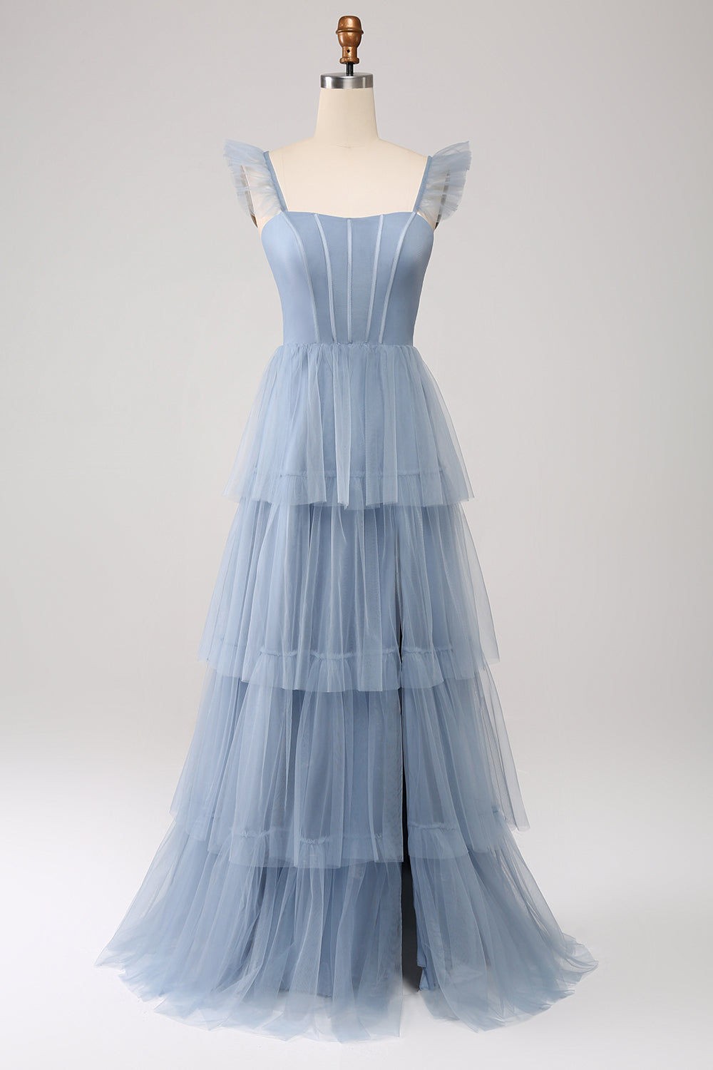 Dusty Blue A-Line Tiered Tulle Corset Bridesmaid Dress with Slit