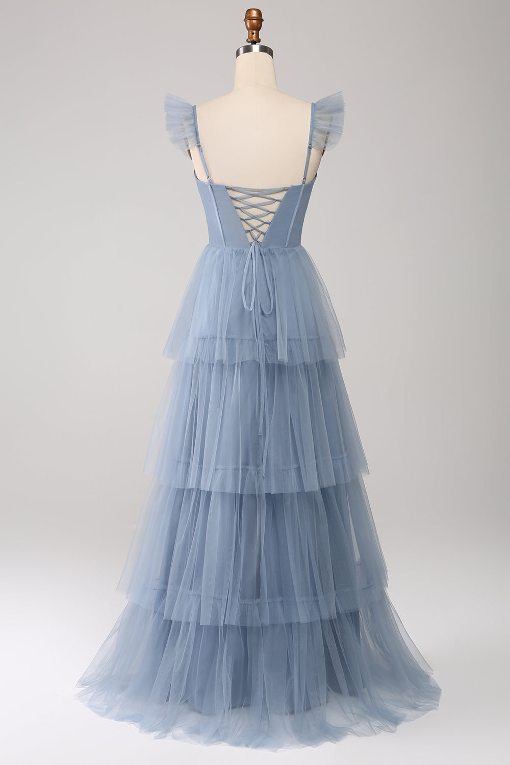Dusty Blue A-Line Tiered Tulle Corset Bridesmaid Dress with Slit