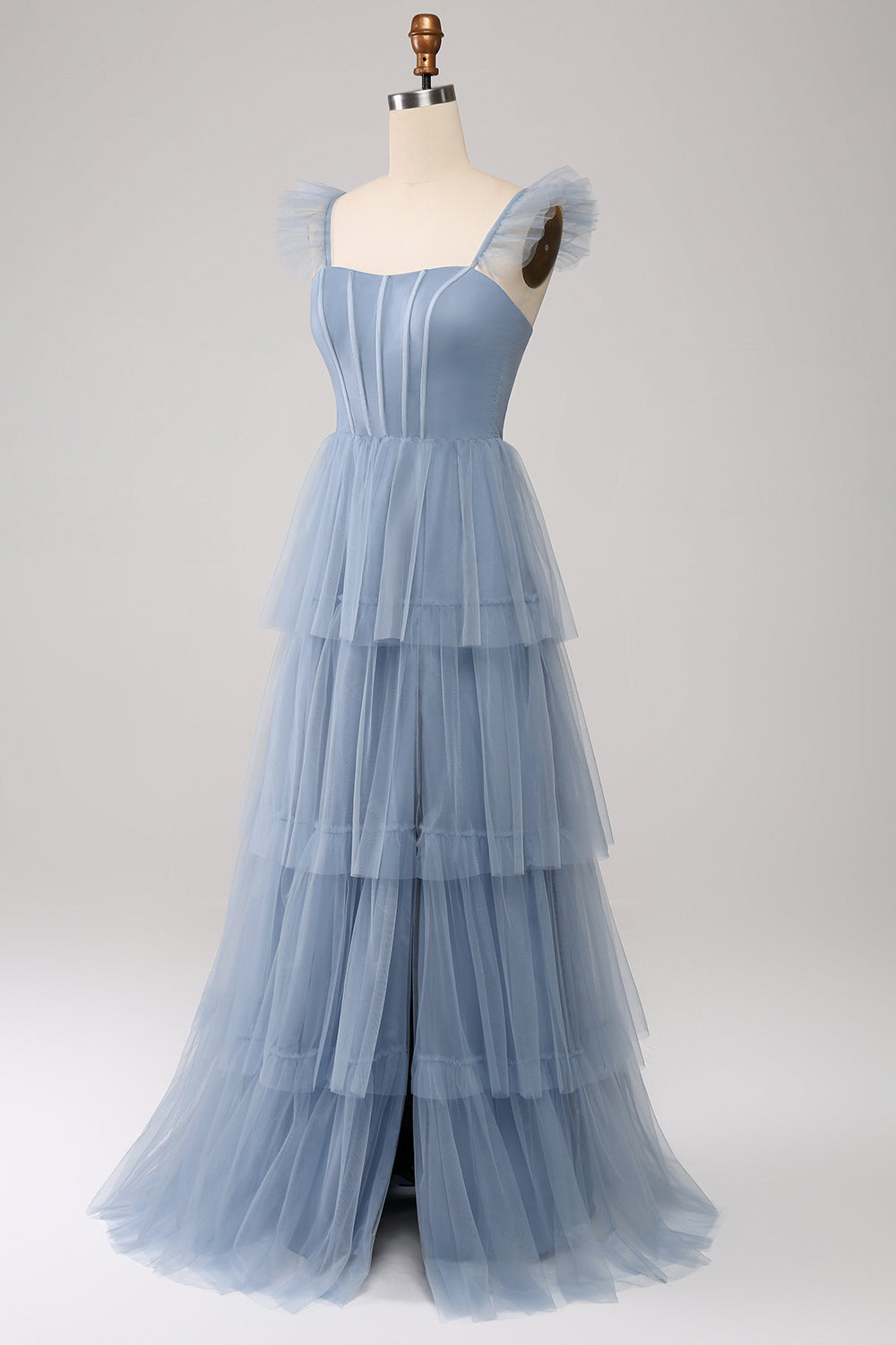 Dusty Blue A-Line Tiered Tulle Corset Bridesmaid Dress with Slit