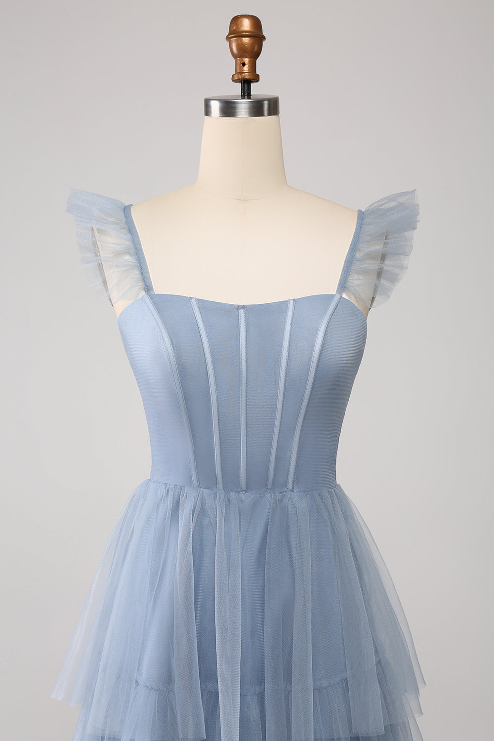 Dusty Blue A-Line Tiered Tulle Corset Bridesmaid Dress with Slit