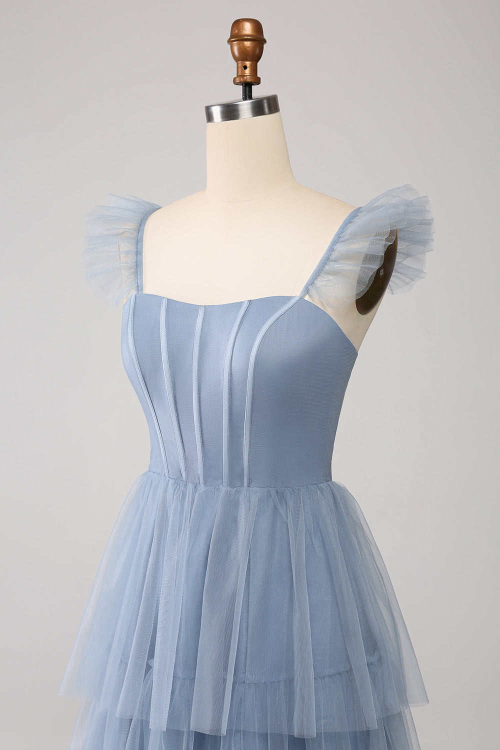 Dusty Blue A-Line Tiered Tulle Corset Bridesmaid Dress with Slit