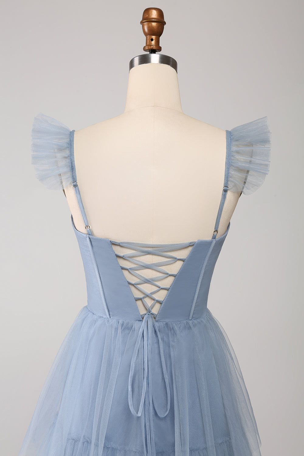 Dusty Blue A-Line Tiered Tulle Corset Bridesmaid Dress with Slit