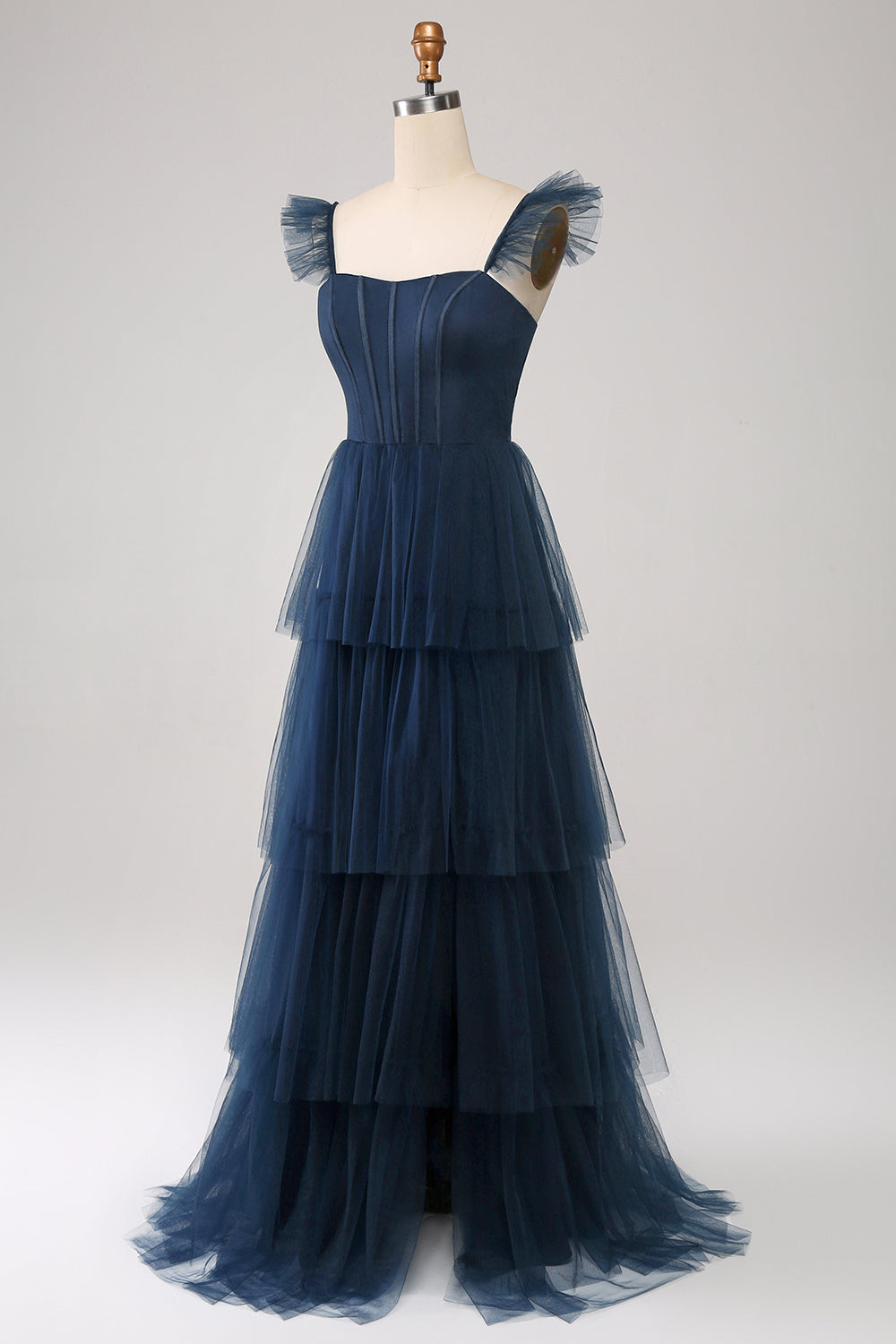Navy Tulle Navy A-Line Tiered Corset Bridesmaid Dress with Slit