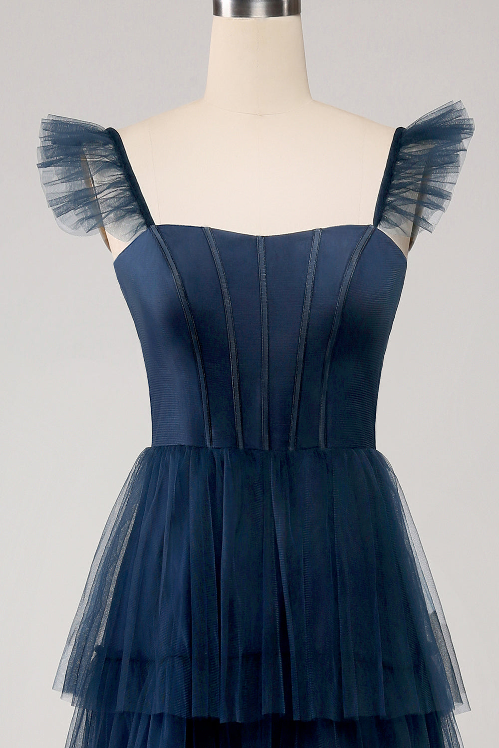 Navy Tulle Navy A-Line Tiered Corset Bridesmaid Dress with Slit
