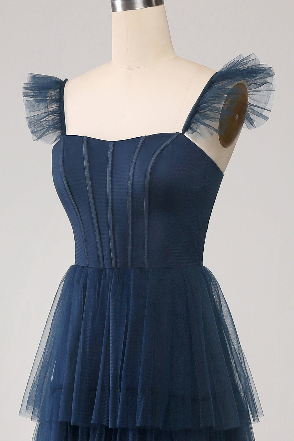 Navy Tulle Navy A-Line Tiered Corset Bridesmaid Dress with Slit