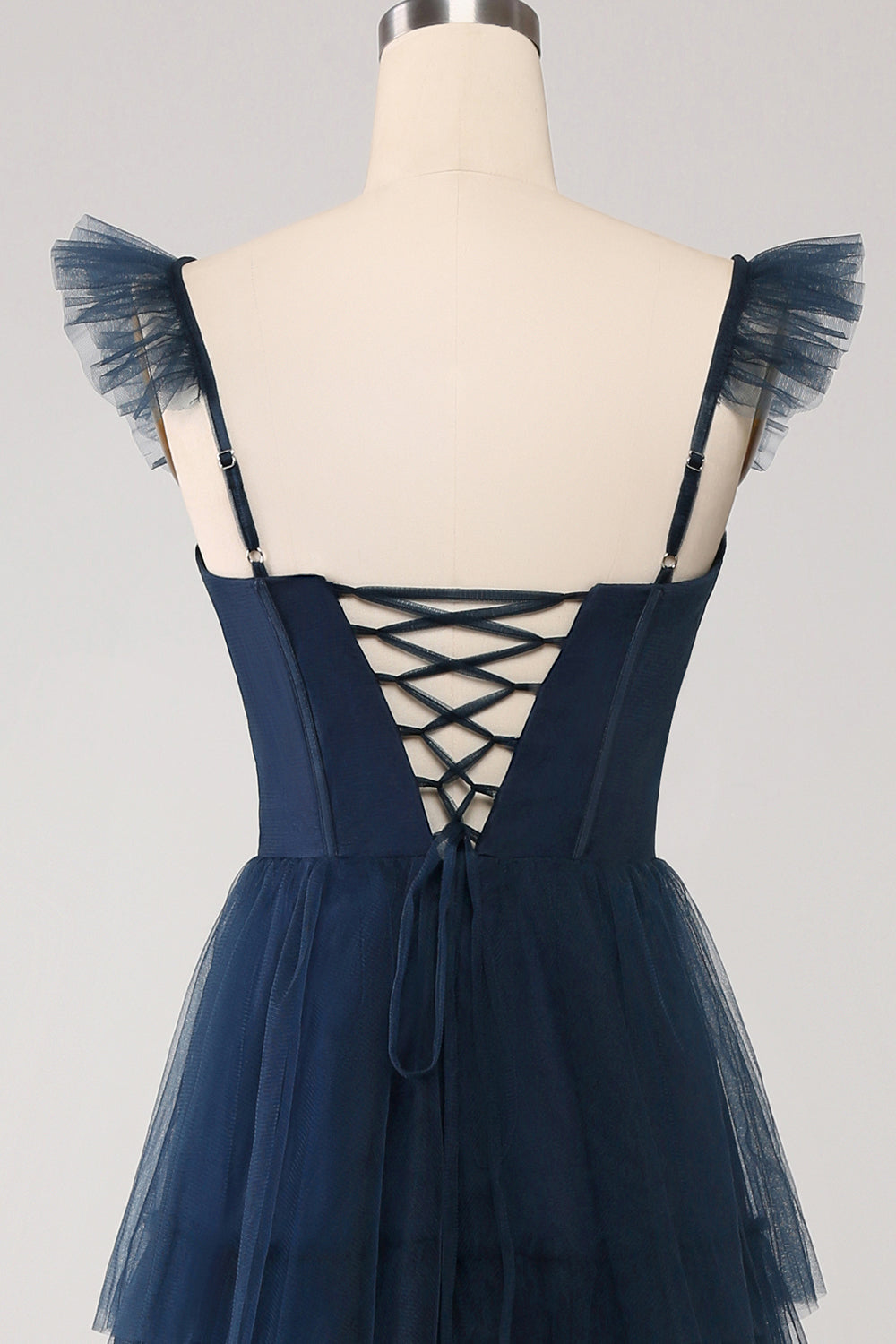 Navy Tulle Navy A-Line Tiered Corset Bridesmaid Dress with Slit