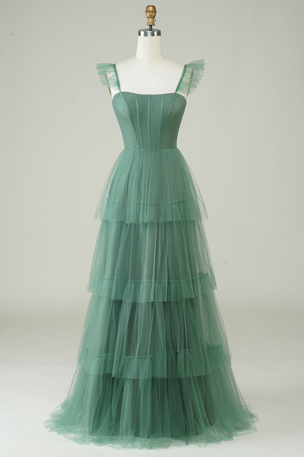 Robe de demoiselle d'honneur longue en tulle eucalyptus, coupe trapèze, à fines bretelles