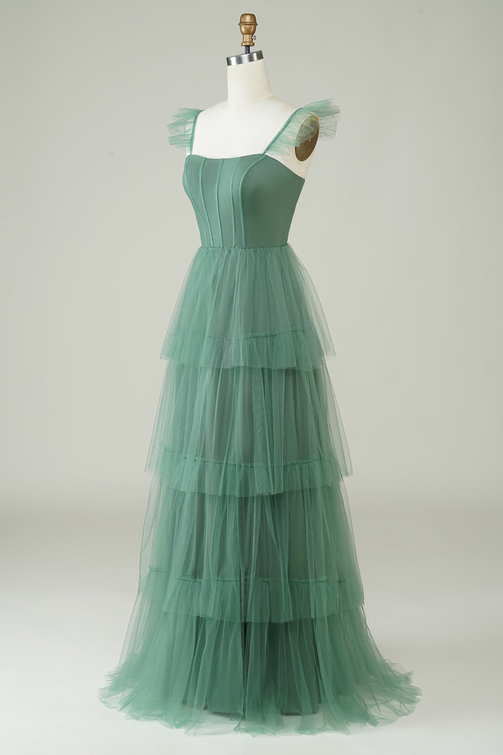 Robe de demoiselle d'honneur longue en tulle eucalyptus, coupe trapèze, à fines bretelles