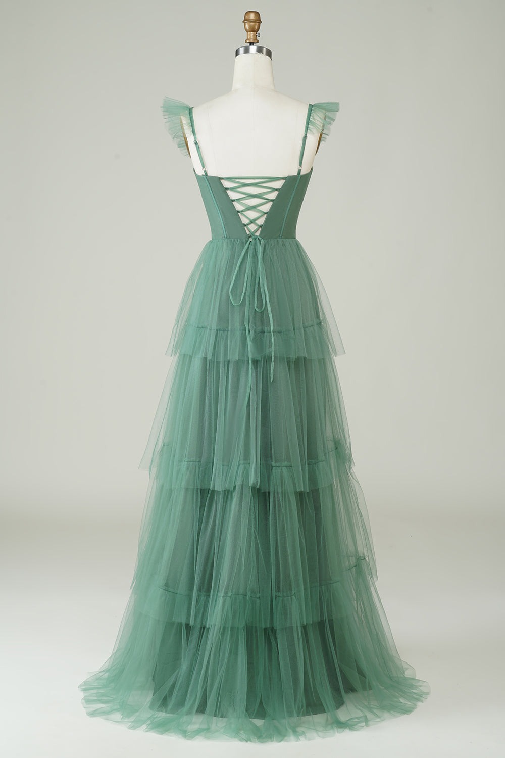 Robe de demoiselle d'honneur longue en tulle eucalyptus, coupe trapèze, à fines bretelles