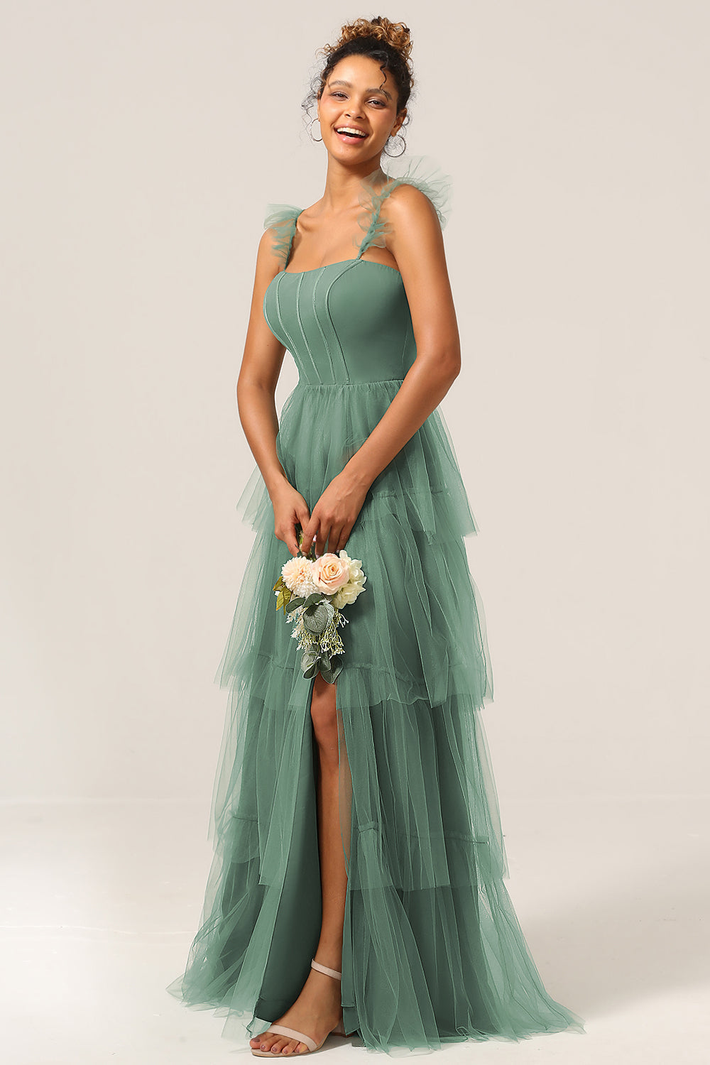 Robe de demoiselle d'honneur trapèze eucalyptus à bretelles amovibles