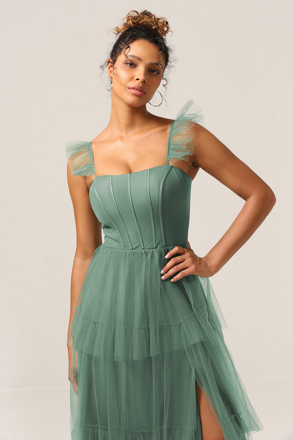 Robe de demoiselle d'honneur trapèze eucalyptus à bretelles amovibles