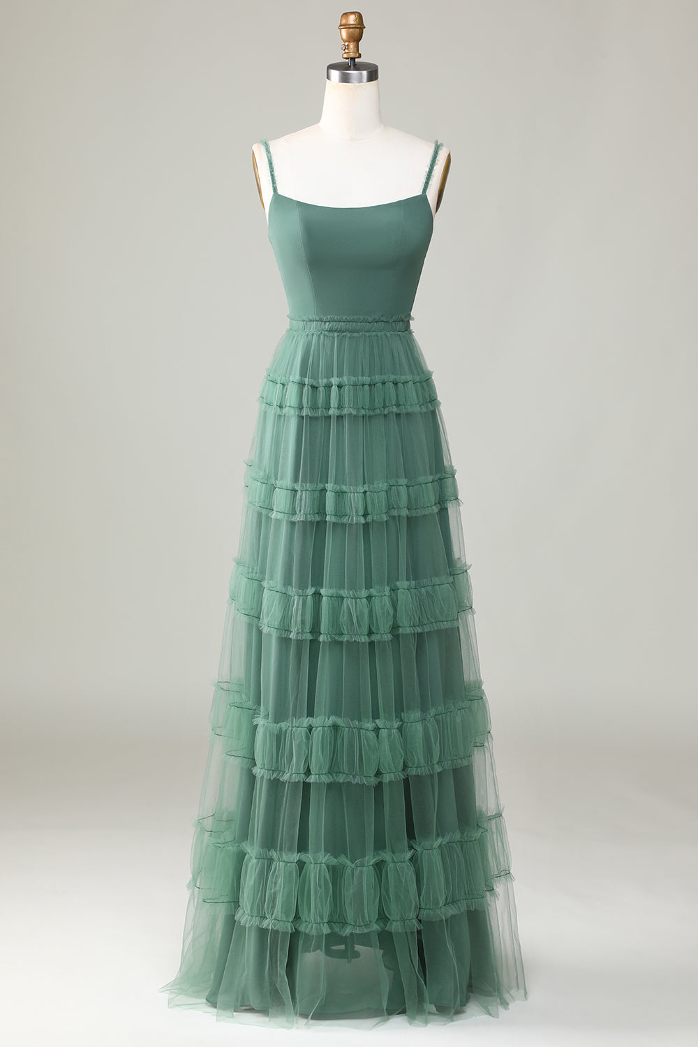 Robe de demoiselle d'honneur en tulle ligne A à fines bretelles Eucalyptus