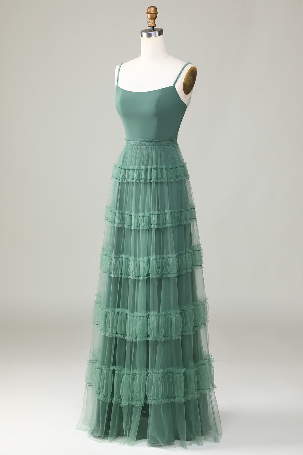 Robe de demoiselle d'honneur en tulle ligne A à fines bretelles Eucalyptus