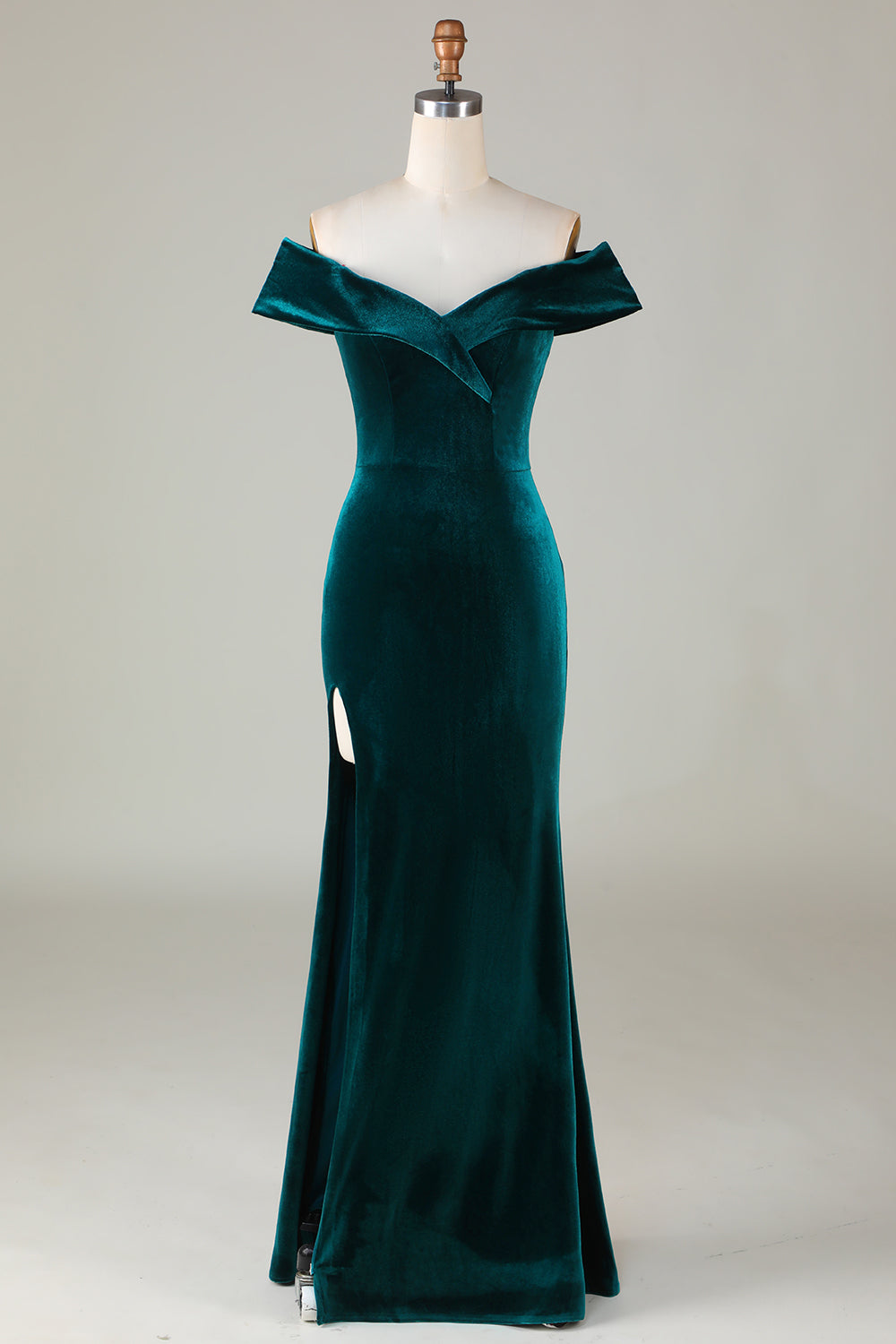 Robe de Demoiselle d'Honneur Sirène en Velours Vert Paon Épaules Dénudées avec Fente