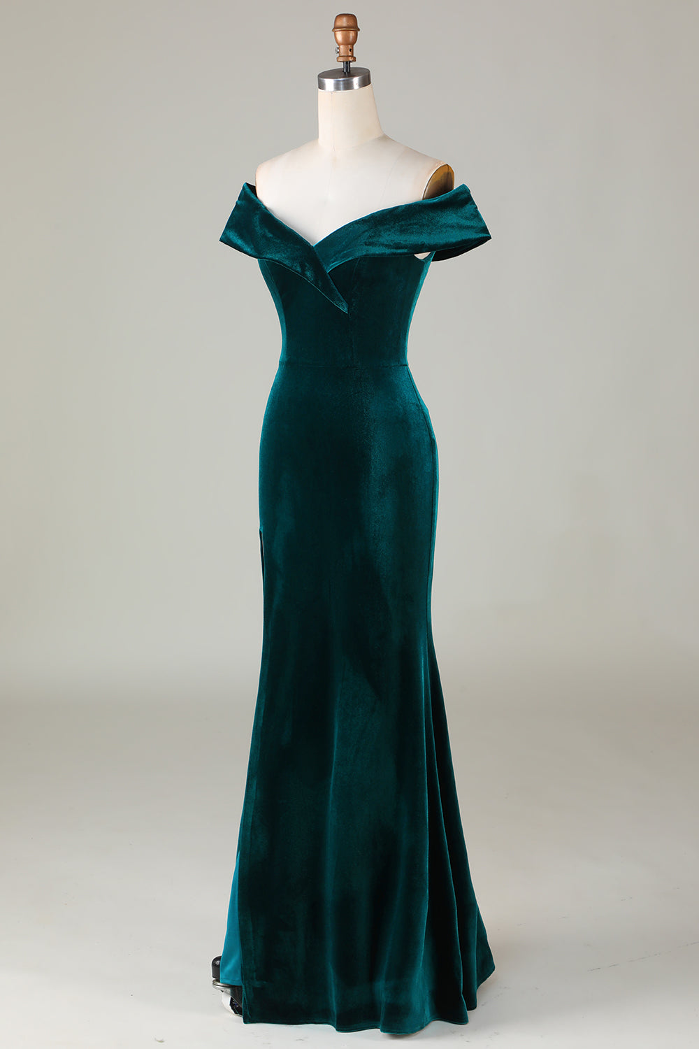 Robe de Demoiselle d'Honneur Sirène en Velours Vert Paon Épaules Dénudées avec Fente
