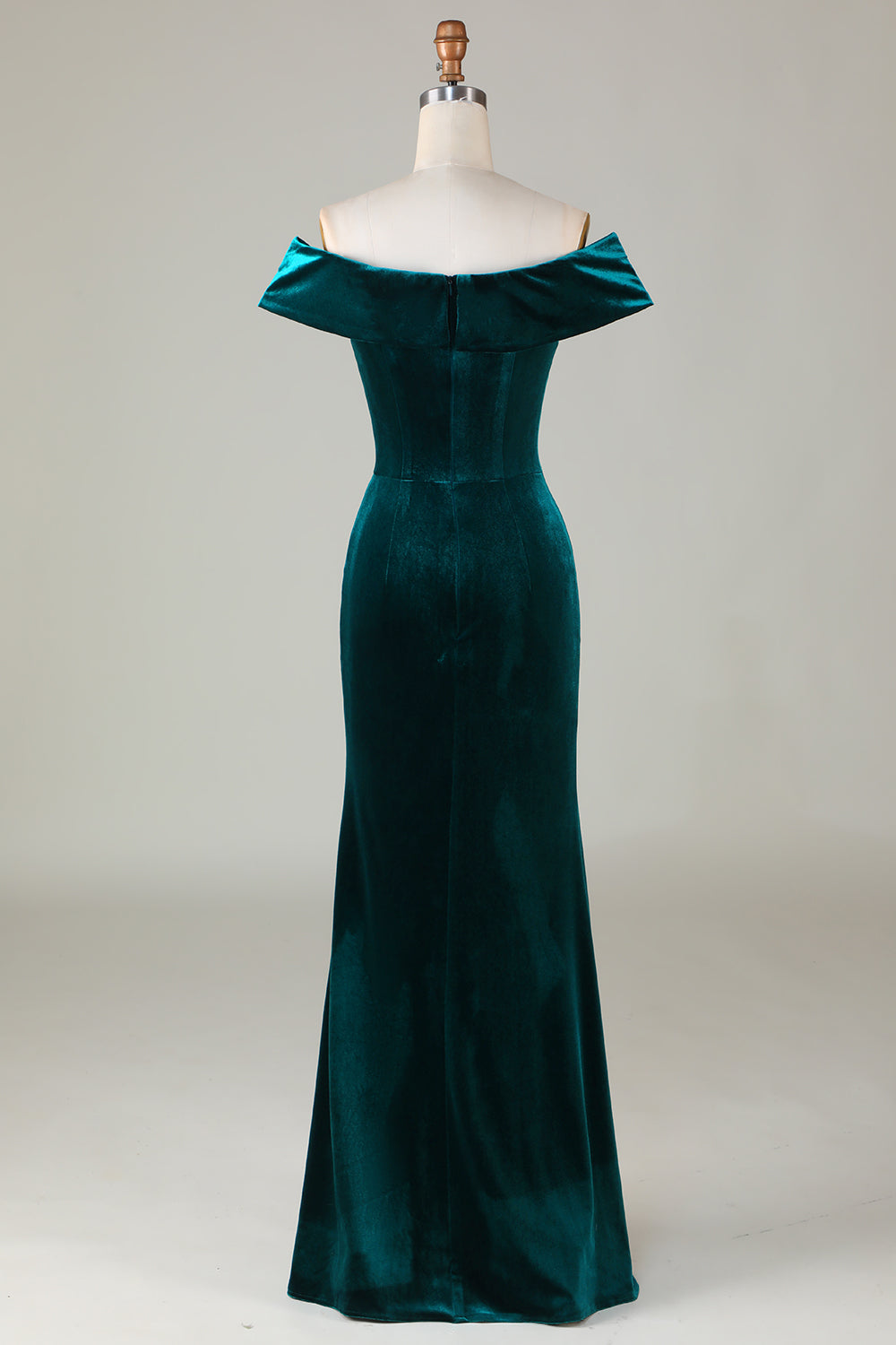 Robe de Demoiselle d'Honneur Sirène en Velours Vert Paon Épaules Dénudées avec Fente