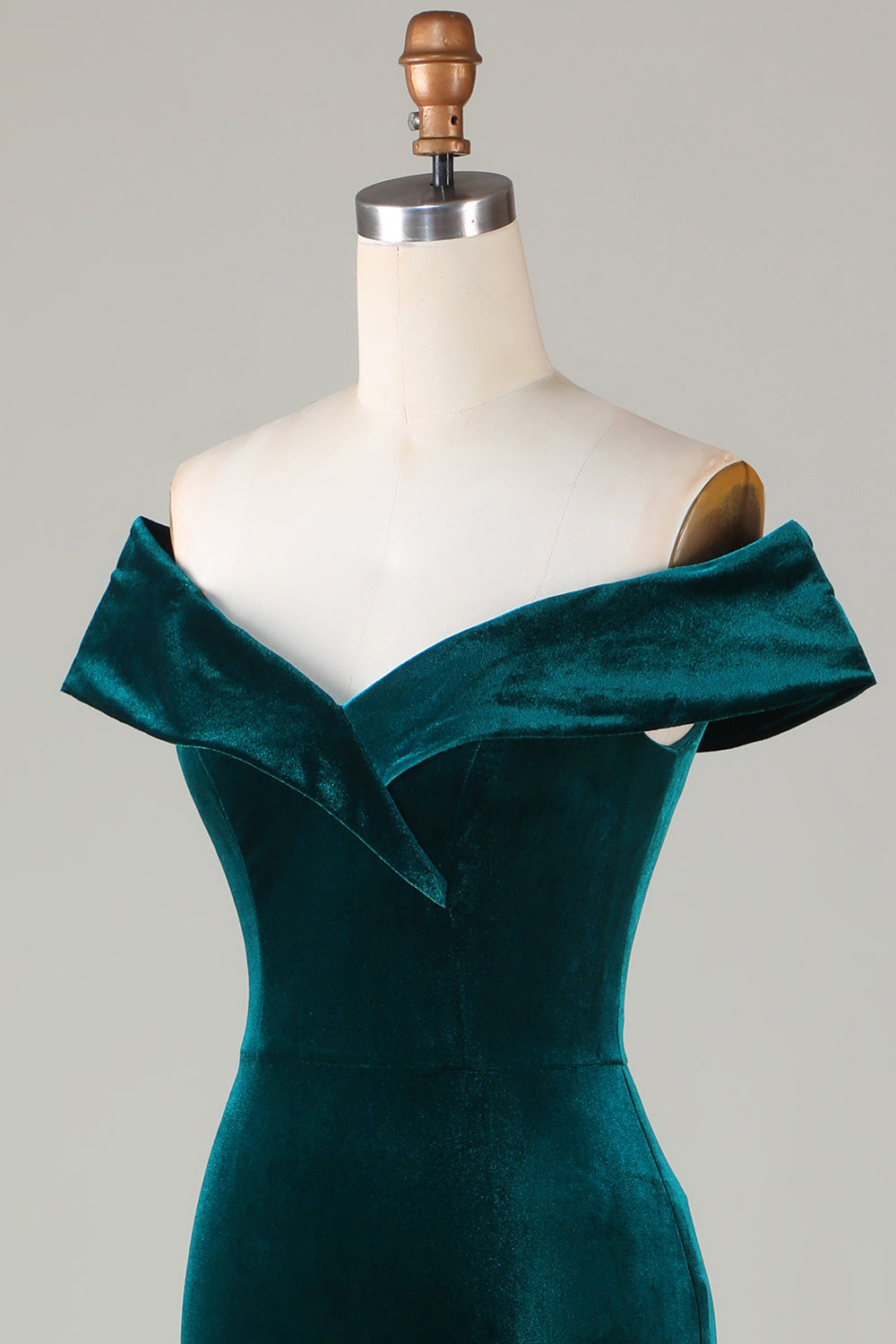 Robe de Demoiselle d'Honneur Sirène en Velours Vert Paon Épaules Dénudées avec Fente