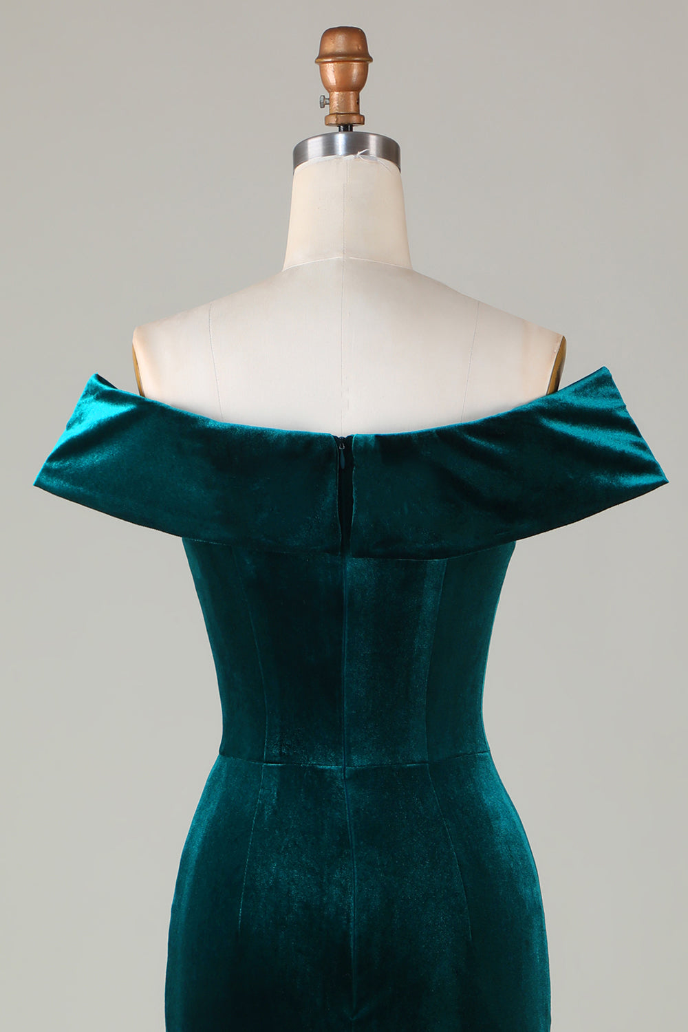Robe de Demoiselle d'Honneur Sirène en Velours Vert Paon Épaules Dénudées avec Fente